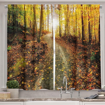 Ambesonne Fall Long Kitchen Curtains, Inspirational Early Morning View in The Woods with Rising Sun Idyllic Park Wilderness, Two Panels Drapes with Rod Pocket Room Decor, 55" x 45", Green Yellow