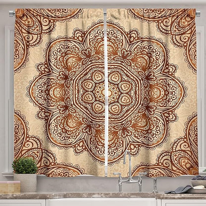 Ambesonne Ethnic Long Kitchen Curtains, Mandala Style Floral Flower with Abstract Paisley Backdrop Art Print, Two Panels Drapes with Rod Pocket Room Decor, 55" x 45", Dark Brown