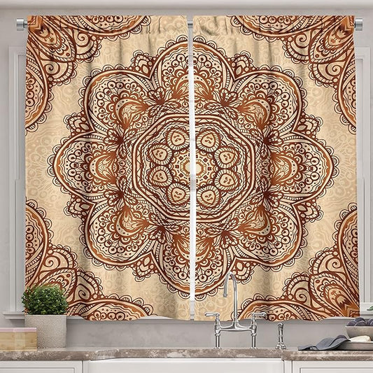 Ambesonne Ethnic Kitchen Curtains, Mehndi Style Floral Flower with Abstract Paisley Backdrop Art Print, Window Drapes 2 Panel Set for Kitchen Cafe Decor, 55" x 39", Dark Brown