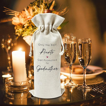 Zodvery Godmother Wine Gift Bags - Only The Best Aunts Get Promoted to Godmother, Baptism - Reusable Burlap With Drawstring Gift Bag (5.5"x 13.5")-1 Pcs/jiu053