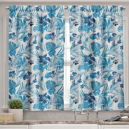 Ambesonne Leaf Valance & Tier Curtain 3 pcs Set, Island Ocean Beach Sea Inspired Hawaiian Flowers Palm Tree Leaves Art Print, Window Treatments for Kitchen Room Decor, 55" x 24", Blue Lilac