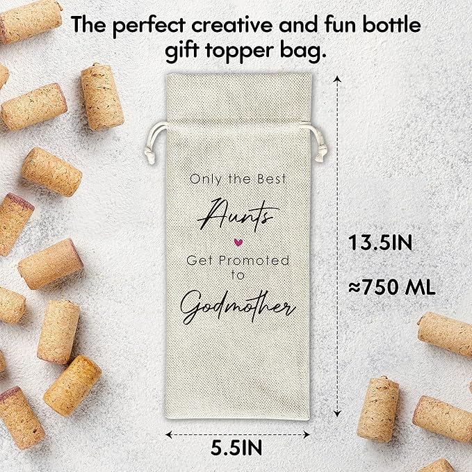 Zodvery Godmother Wine Gift Bags - Only The Best Aunts Get Promoted to Godmother, Baptism - Reusable Burlap With Drawstring Gift Bag (5.5"x 13.5")-1 Pcs/jiu053