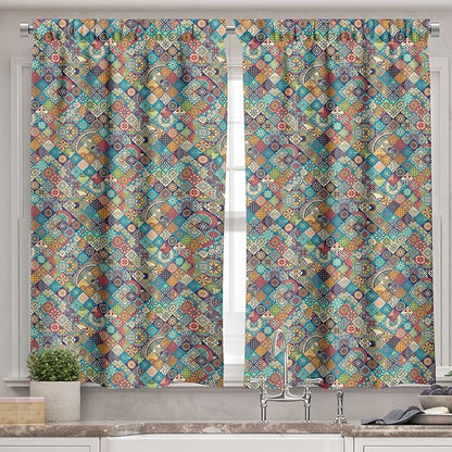 Ambesonne Bohemian Valance & Tier Curtain 3 pcs Set, Geometric Pattern Ornamental Floral Folk Art Abstract, Window Treatments for Kitchen Room Decor, 55" x 45", Blue Cream