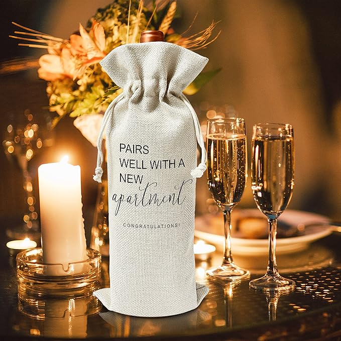 Zodvery Pairs Well With A New Apartment Wine Gift Bags - Gift for Housewarming, New Home Owner Gift, Realtor Gift to Clients - Reusable Burlap With Drawstring Gift Bag (5.5"x 13.5")-1 Pcs/jiu021