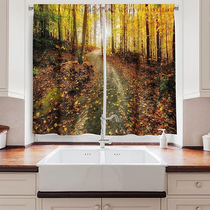 Ambesonne Fall Long Kitchen Curtains, Inspirational Early Morning View in The Woods with Rising Sun Idyllic Park Wilderness, Two Panels Drapes with Rod Pocket Room Decor, 55" x 45", Green Yellow