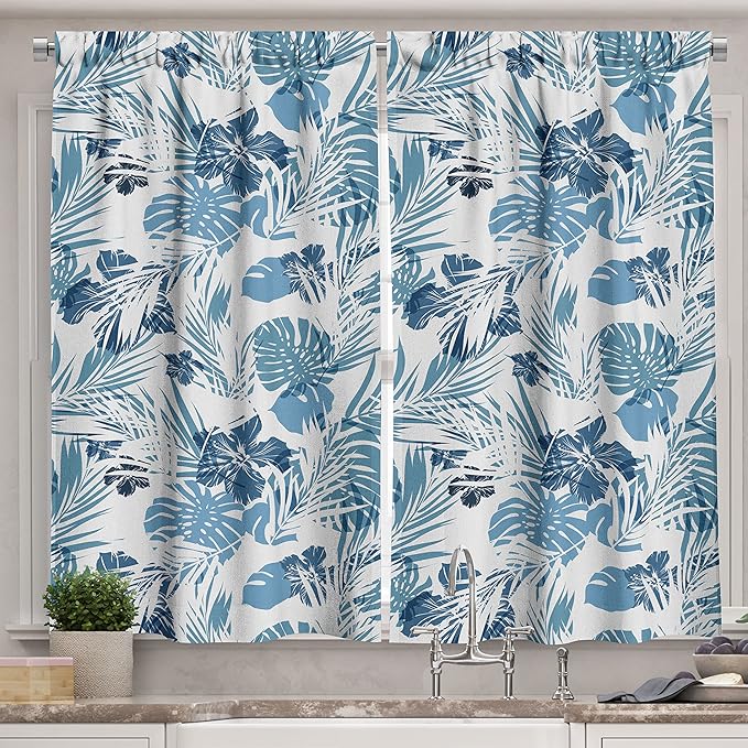 Ambesonne Leaf Long Kitchen Curtains, Island Ocean Beach Sea Inspired Hawaiian Flowers Palm Tree Leaves Art Print, Two Panels Drapes with Rod Pocket Room Decor, 55" x 45", Blue Lilac