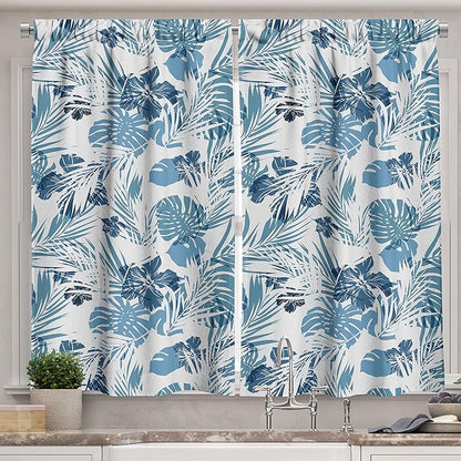 Ambesonne Leaf Kitchen Curtains, Island Ocean Beach Sea Inspired Hawaiian Flowers Palm Tree Leaves Art Print, Window Drapes 2 Panel Set for Kitchen Cafe Decor, 55" x 39", Blue Lilac