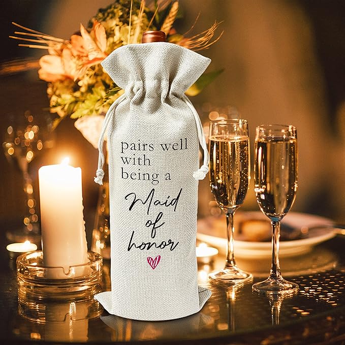 Zodvery Pairs well with Maid of Honor Wine Gift Bags - Gift for Bridesmaid Proposal, Bridesmaid Duties, Bridesmaid Gift - Reusable Burlap With Drawstring Gift Bag (5.5"x 13.5")-1 Pcs/jiu017