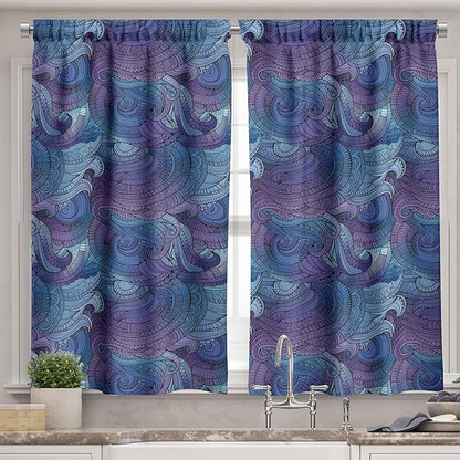 Ambesonne Abstract Valance & Tier Curtain 3 pcs Set, Ocean Inspired Graphic Paisley Swirled Hand Drawn Art Print, Window Treatments for Kitchen Room Decor, 55" x 30", Blue Purple