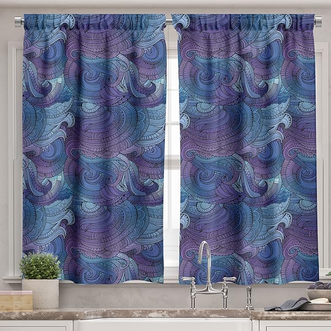 Ambesonne Abstract Valance & Tier Curtain 3 pcs Set, Ocean Inspired Graphic Paisley Swirled Hand Drawn Art Print, Window Treatments for Room Kitchen Decor, 55" x 24", Blue Purple