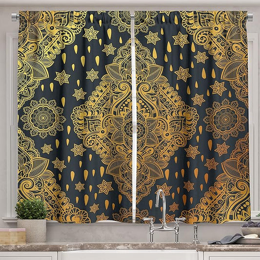 Ambesonne Mandala Long Kitchen Curtains, Bohemian Paisley Ornament Tattoo Vintage Design Print, Two Panels Drapes with Rod Pocket Room Decor, 55" x 45", Grey Charcoal