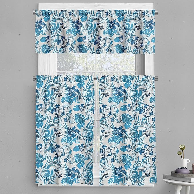 Ambesonne Leaf Valance & Tier Curtain 3 pcs Set, Island Ocean Beach Sea Inspired Hawaiian Flowers Palm Tree Leaves Art Print, Window Treatments for Kitchen Room Decor, 55" x 24", Blue Lilac