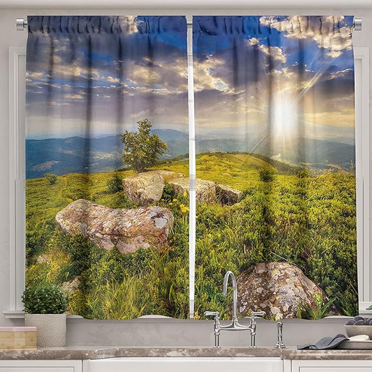 Ambesonne Mountain Long Kitchen Curtains, Small Tree Behind Boulders Hillside Grass Greenery Meadow Scenic Dramatic, Two Panels Drapes with Rod Pocket Room Decor, 55" x 45", Mustard Green