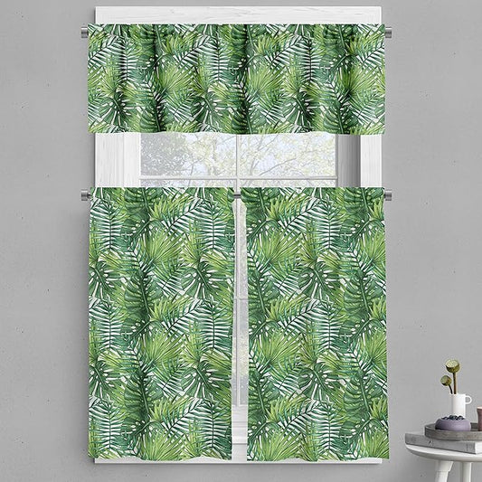 Ambesonne Leaf Valance & Tier Curtain 3 pcs Set, Tropical Exotic Banana Forest Palm Tree Leaves Watercolor Design Image, Window Treatments for Kitchen Room Decor, 55" x 45", Green