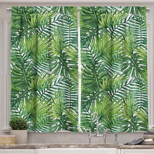 Ambesonne Leaf Kitchen Curtains, Tropical Exotic Banana Forest Palm Tree Leaves Watercolor Design Image, Window Drapes 2 Panel Set for Kitchen Cafe Decor, 55" x 39", Green