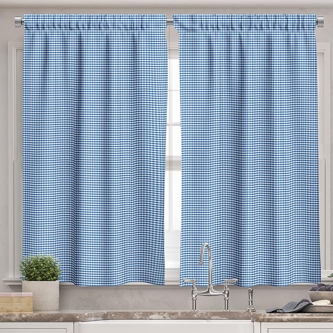 Ambesonne Checkered Valance & Tier Curtain 3 pcs Set, Monochrome Gingham Checks Classical Country Culture Old Fashioned Grid Design, Window Treatments for Kitchen Room Decor, 55" x 45", Blue White