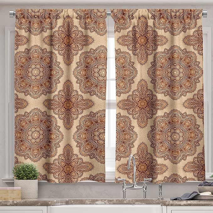 Ambesonne Ethnic Valance & Tier Curtain 3 pcs Set, Mandala Style Floral Flower with Abstract Paisley Backdrop Art Print, Window Treatments for Kitchen Room Decor, 55" x 45", Dark Brown