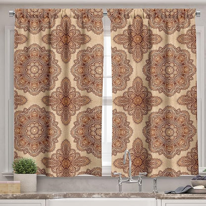 Ambesonne Ethnic Valance & Tier Curtain 3 pcs Set, Mandala Style Floral Flower with Abstract Paisley Backdrop Art Print, Window Treatments for Kitchen Room Decor, 55" x 36", Dark Brown