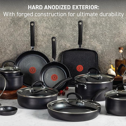 T-fal 25 Piece Set Ultimate Hard Anodized Nonstick Cookware Set With Ice Force Stainless Steel Kitchen Knife Set and Wood Block