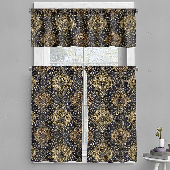 Ambesonne Mandala Valance & Tier Curtain 3 pcs Set, Bohemian Paisley Ornament Tattoo Vintage Design Print, Window Treatments for Kitchen Room Decor, 55" x 36", Grey Charcoal