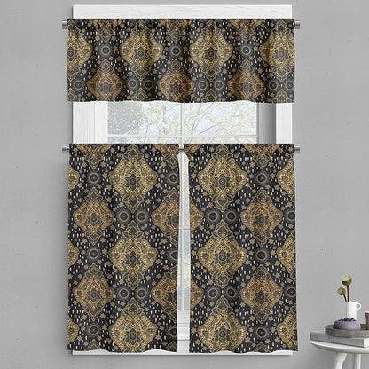 Ambesonne Mandala Valance & Tier Curtain 3 pcs Set, Bohemian Paisley Ornament Tattoo Vintage Design Print, Window Treatments for Kitchen Room Decor, 55" x 30", Grey Charcoal