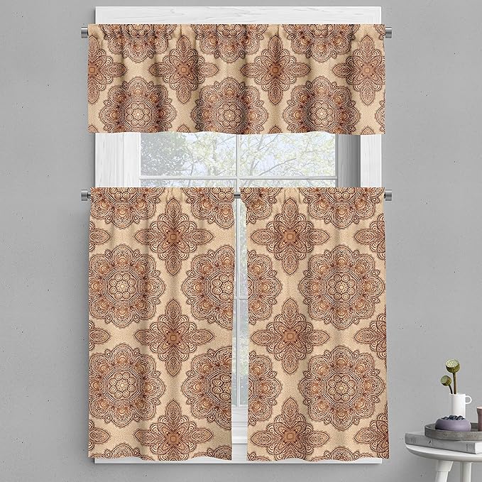 Ambesonne Ethnic Valance & Tier Curtain 3 pcs Set, Mandala Style Floral Flower with Abstract Paisley Backdrop Art Print, Window Treatments for Kitchen Room Decor, 55" x 45", Dark Brown