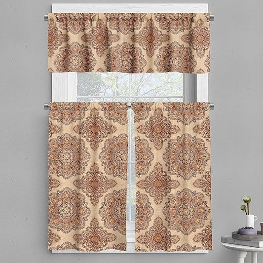 Ambesonne Ethnic Valance & Tier Curtain 3 pcs Set, Mandala Style Floral Flower with Abstract Paisley Backdrop Art Print, Window Treatments for Kitchen Room Decor, 55" x 36", Dark Brown