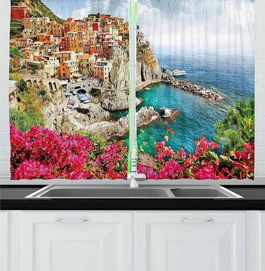 Ambesonne Italy Kitchen Curtains, Monarola Antique Village in Cinque Terre Coastal Panorama Summer Beach Scenic View, Window Drapes 2 Panel Set for Kitchen Cafe Decor, 55" x 39", Pink Beige