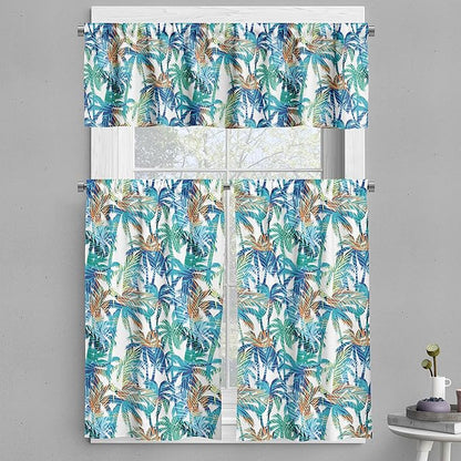 Ambesonne Palm Leaf Valance & Tier Curtain 3 pcs Set, Tropical Summer Print with Palm Abstract Nature Pattern Fantasy Dream, Window Treatments for Kitchen Room Decor, 55" x 36", Blue Mint Green Orange