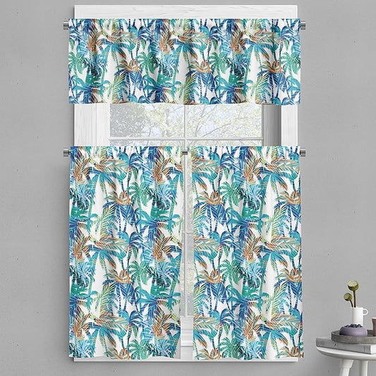 Ambesonne Palm Leaf Valance & Tier Curtain 3 pcs Set, Tropical Summer Print with Palm Abstract Nature Pattern Fantasy Dream, Window Treatments for Room Kitchen Decor, 55" x 24", Blue Mint Green Orange