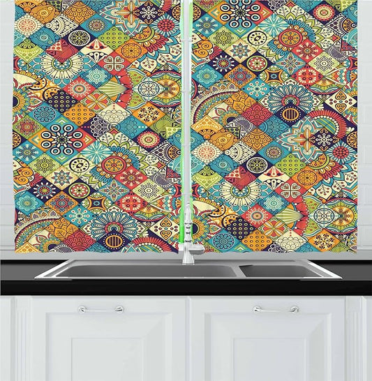 Ambesonne Bohemian Kitchen Curtains, Geometric Pattern with Ornamental Floral Folk Art Abstract, Window Drapes 2 Panel Set for Kitchen Cafe Decor, 55" x 36", Blue Cream