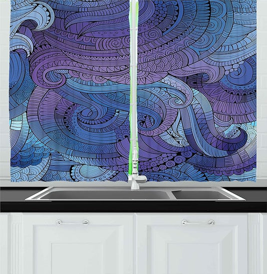 Ambesonne Abstract Kitchen Curtains, Ocean Inspired Graphic Paisley Swirled Hand Drawn Artwork Print, Window Drapes 2 Panel Set for Kitchen Cafe Decor, 55" x 39", Blue Purple