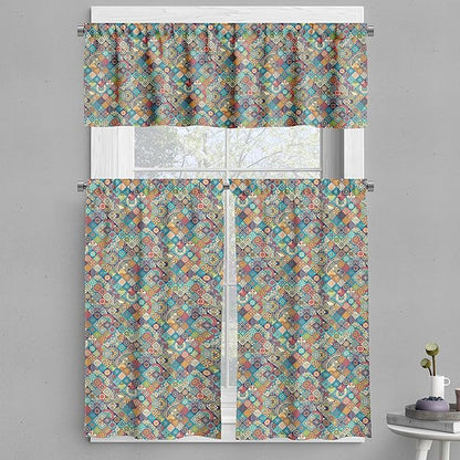 Ambesonne Bohemian Valance & Tier Curtain 3 pcs Set, Geometric Pattern Ornamental Floral Folk Art Abstract, Window Treatments for Kitchen Room Decor, 55" x 45", Blue Cream