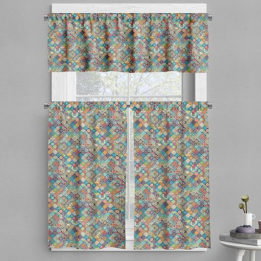 Ambesonne Bohemian Valance & Tier Curtain 3 pcs Set, Geometric Pattern Ornamental Floral Folk Art Abstract, Window Treatments for Kitchen Room Decor, 55" x 24", Blue Cream