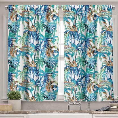 Ambesonne Palm Leaf Valance & Tier Curtain 3 pcs Set, Tropical Summer Print with Palm Abstract Nature Pattern Fantasy Dream, Window Treatments for Kitchen Room Decor, 55" x 36", Blue Mint Green Orange