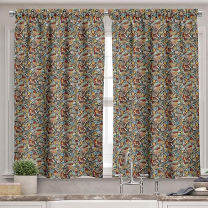 Ambesonne Hipster Valance & Tier Curtain 3 pcs Set, Cinema Items Combined in an Abstract Style Popcorn Movie Reel The End Theatre, Window Treatments for Kitchen Room Decor, 55" x 36", Seafoam Yellow