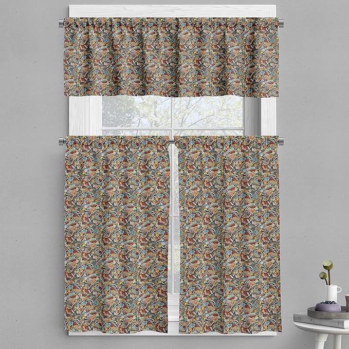 Ambesonne Hipster Valance & Tier Curtain 3 pcs Set, Cinema Items Combined in an Abstract Style Popcorn Movie Reel The End Theatre, Window Treatments for Kitchen Room Decor, 55" x 36", Seafoam Yellow