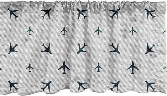 Ambesonne Airplane Window Valance, Diagonal Stripes Travel Silhouettes Vacation Aviation, Curtain Valance for Kitchen Bedroom Decor with Rod Pocket, 54" X 18", Petrol Blue