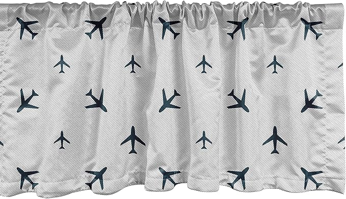 Ambesonne Airplane Window Valance, Diagonal Stripes Travel Silhouettes Vacation Aviation, Curtain Valance for Kitchen Bedroom Decor with Rod Pocket, 54" X 12", Petrol Blue