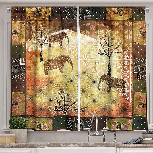 Ambesonne African Kitchen Curtains, Patchwork Inspired Pattern Grunge Vintage Featured Elephants Trees Roses Print, Window Drapes 2 Panel Set for Kitchen Caf鬠Multi 1, 55" W By 39" L