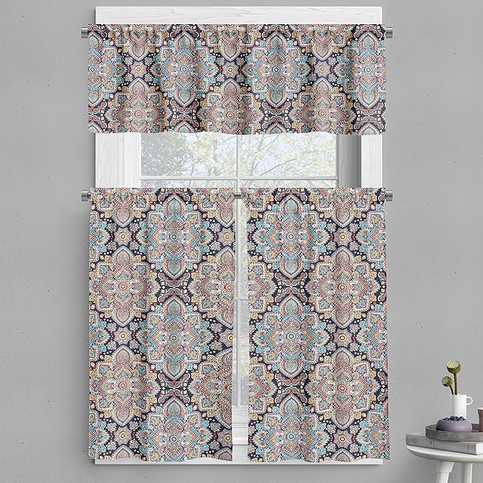 Ambesonne Ethnic Valance & Tier Curtain 3 pcs Set, Bohemian Style Motif Vintage Oriental Inspired Traditional Art, Window Treatments for Kitchen Room Decor, 55" x 36", Navy Teal