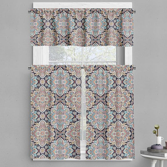 Ambesonne Ethnic Valance & Tier Curtain 3 pcs Set, Bohemian Style Motif Vintage Oriental Inspired Traditional Art, Window Treatments for Kitchen Room Decor, 55" x 24", Navy Teal