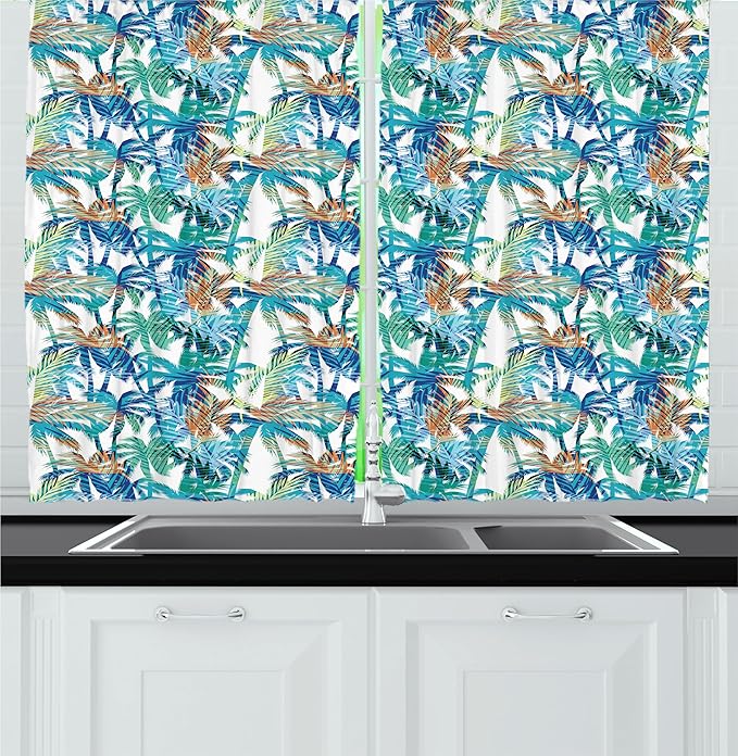 Ambesonne Palm Leaf Kitchen Curtains, Tropical Summer Print with Palm Abstract Nature Pattern Fantasy Dream, Window Drapes 2 Panel Set for Kitchen Cafe Decor, 55" x 36", Blue Mint Green Orange