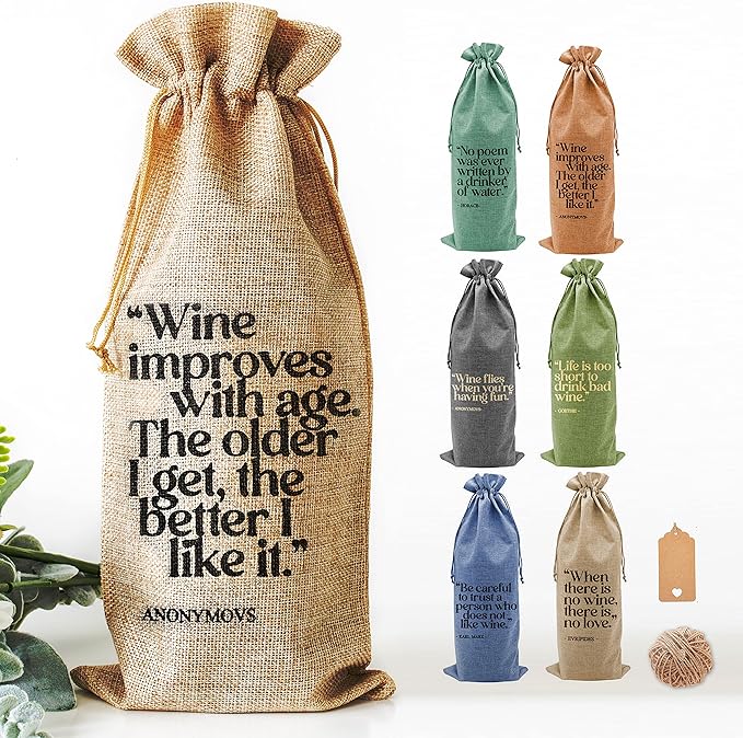 Siko 6Pcs Burlap Wine bags for Wine Bottles Gifts with Funny Quotes - Multicolor Reusable Bottle Bags with Drawstrings & Gift Tags for Wedding, Dinner Party, Housewarming & Home Storage