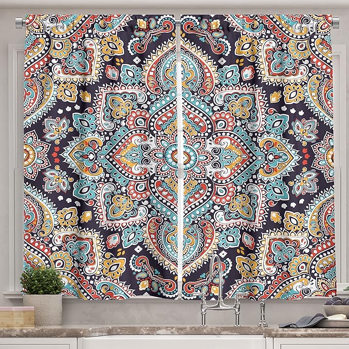 Ambesonne Ethnic Kitchen Curtains, Bohemian Style Motif Vintage Oriental Inspired Traditional Art, Window Drapes 2 Panel Set for Kitchen Cafe Decor, 55" x 39", Navy Teal