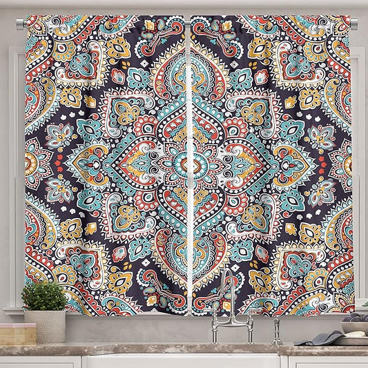 Ambesonne Ethnic Long Kitchen Curtains, Bohemian Style Motif Vintage Oriental Inspired Traditional Art, Two Panels Drapes with Rod Pocket Room Decor, 55" x 45", Navy Teal