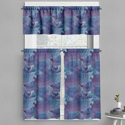 Ambesonne Abstract Valance & Tier Curtain 3 pcs Set, Ocean Inspired Graphic Paisley Swirled Hand Drawn Art Print, Window Treatments for Kitchen Room Decor, 55" x 45", Blue Purple