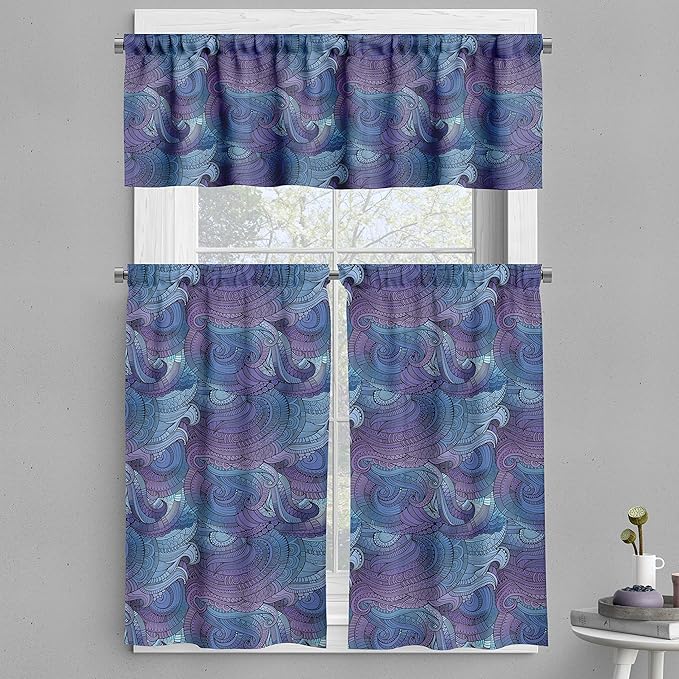 Ambesonne Abstract Valance & Tier Curtain 3 pcs Set, Ocean Inspired Graphic Paisley Swirled Hand Drawn Art Print, Window Treatments for Kitchen Room Decor, 55" x 30", Blue Purple