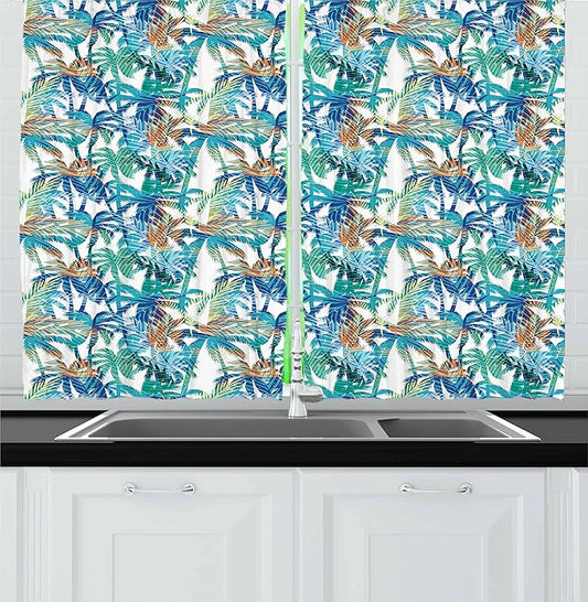 Ambesonne Palm Leaf Kitchen Curtains, Tropical Summer Print with Palm Abstract Nature Pattern Fantasy Dream, Window Drapes 2 Panel Set for Kitchen Cafe Decor, 55" x 39", Blue Mint Green Orange